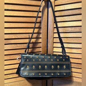 Adrienne Vittadini Black Genuine Leather with Orange Embroidered ShoulderBag